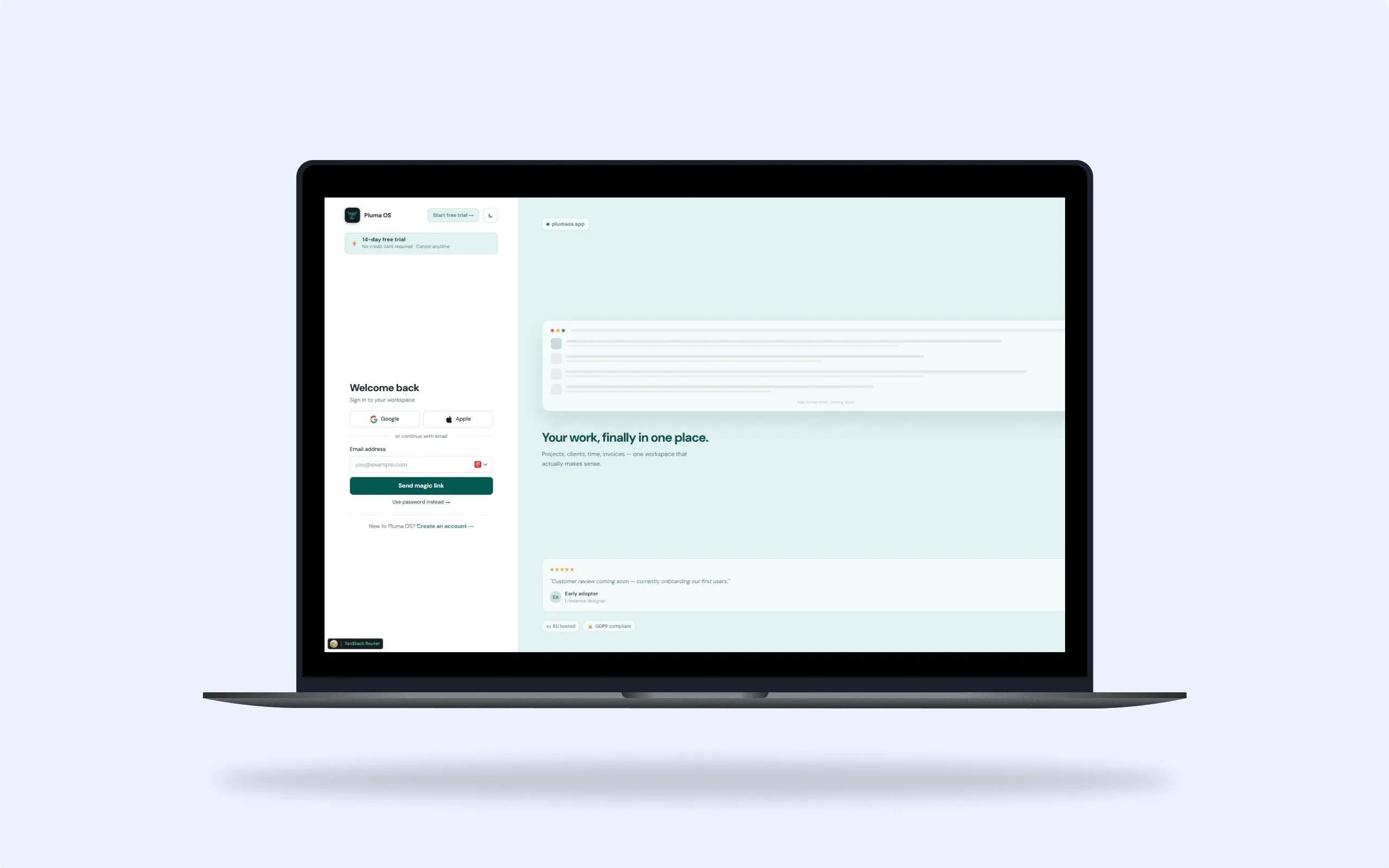 The sign-in screen: Google, Apple or a link by email, beside the product's promise